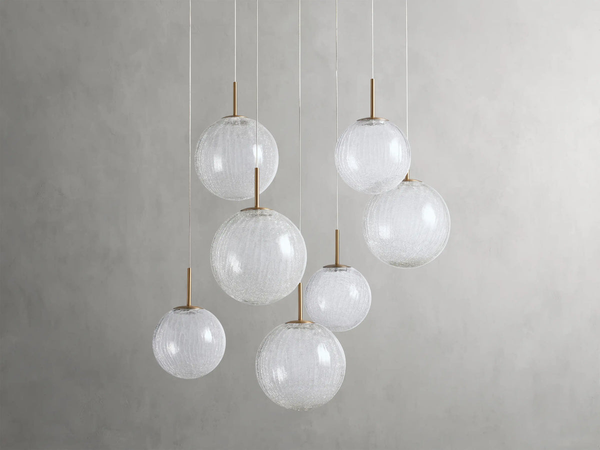 Suspension ronde à boules en verre, laiton et verre craquelé, réglable pour pièces à hauts plafonds, lustre LED | Sansoti