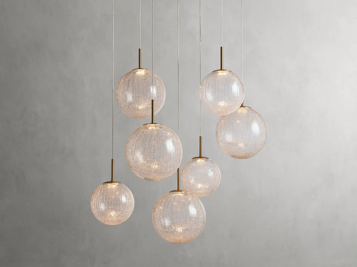 Suspension ronde à boules en verre, laiton et verre craquelé, réglable pour pièces à hauts plafonds, lustre LED | Sansoti
