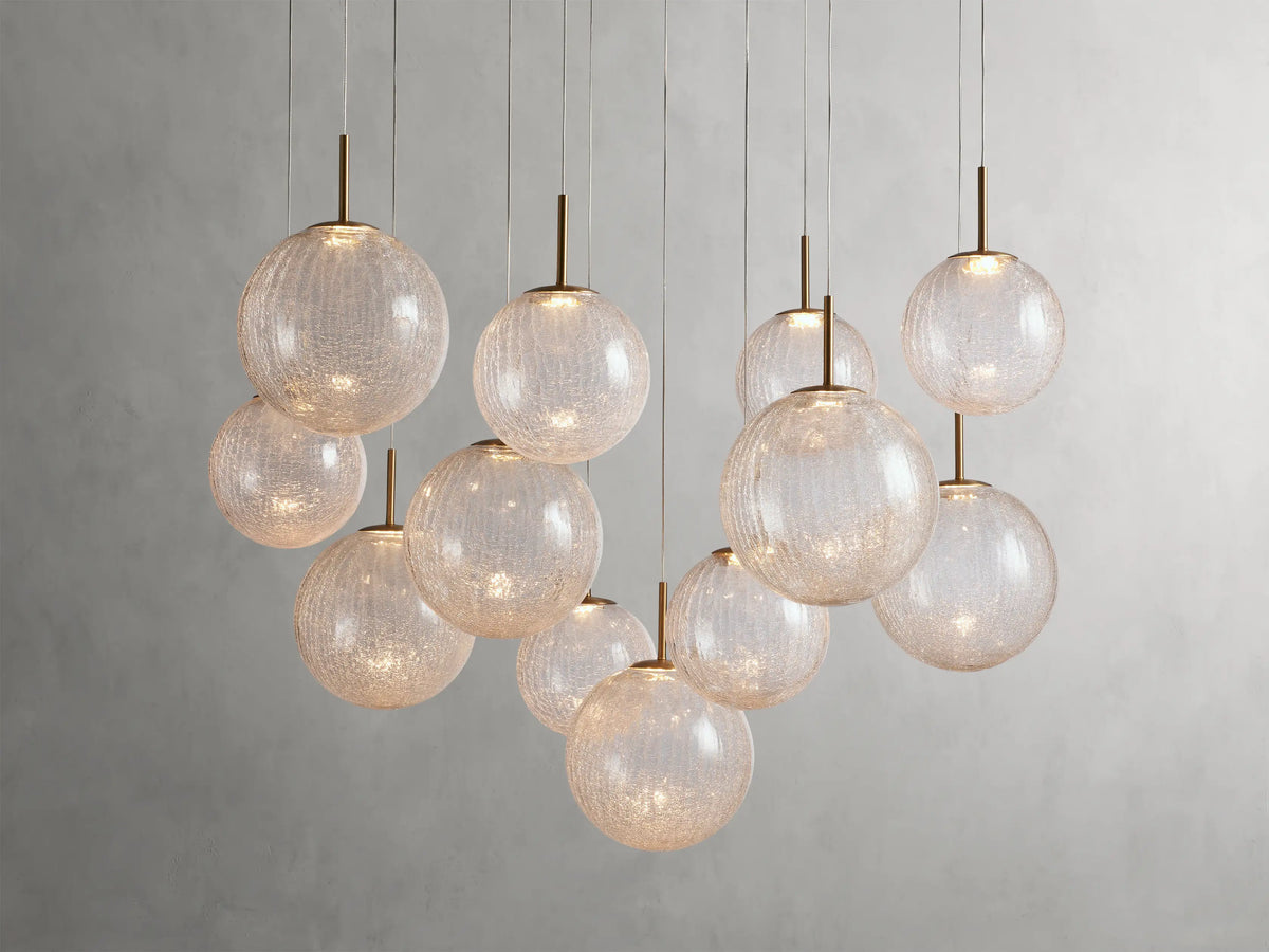 Suspension ronde à boules en verre, laiton et verre craquelé, réglable pour pièces à hauts plafonds, lustre LED | Sansoti