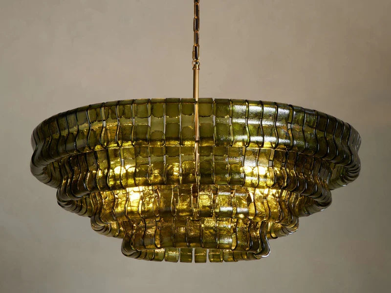 Lustre rond en verre texturé avec structure métallique multicouche À intensité variable et réglable 60-152cm pour salon | Sansoti
