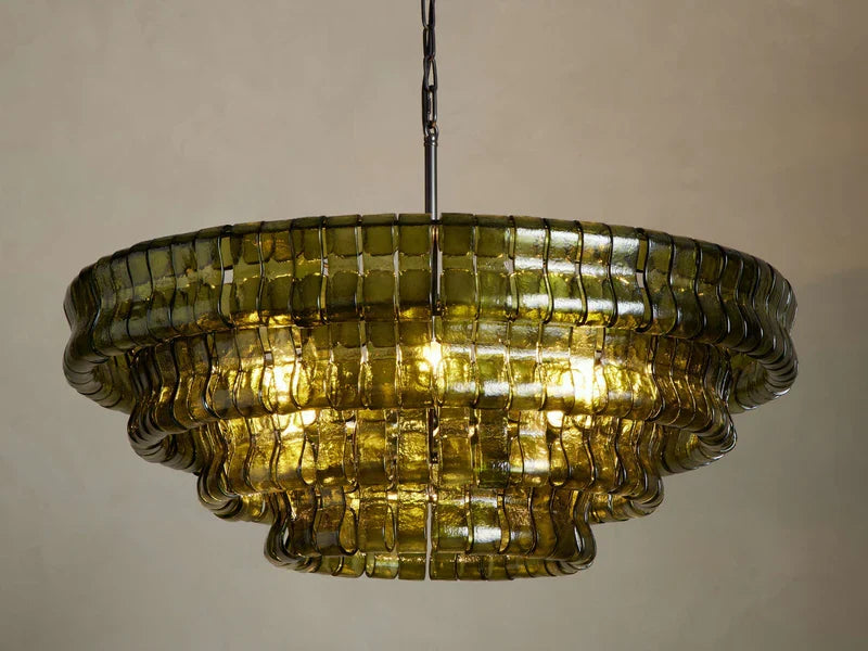 Lustre rond en verre texturé avec structure métallique multicouche À intensité variable et réglable 60-152cm pour salon | Sansoti