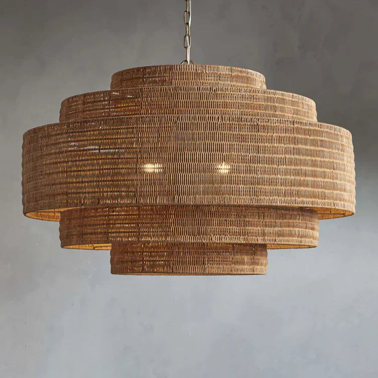 Lustre en rotin tressé, structure en fer à plusieurs niveaux, hauteur réglable, suspension pour éclairage de salle à manger et de salon | Sansoti