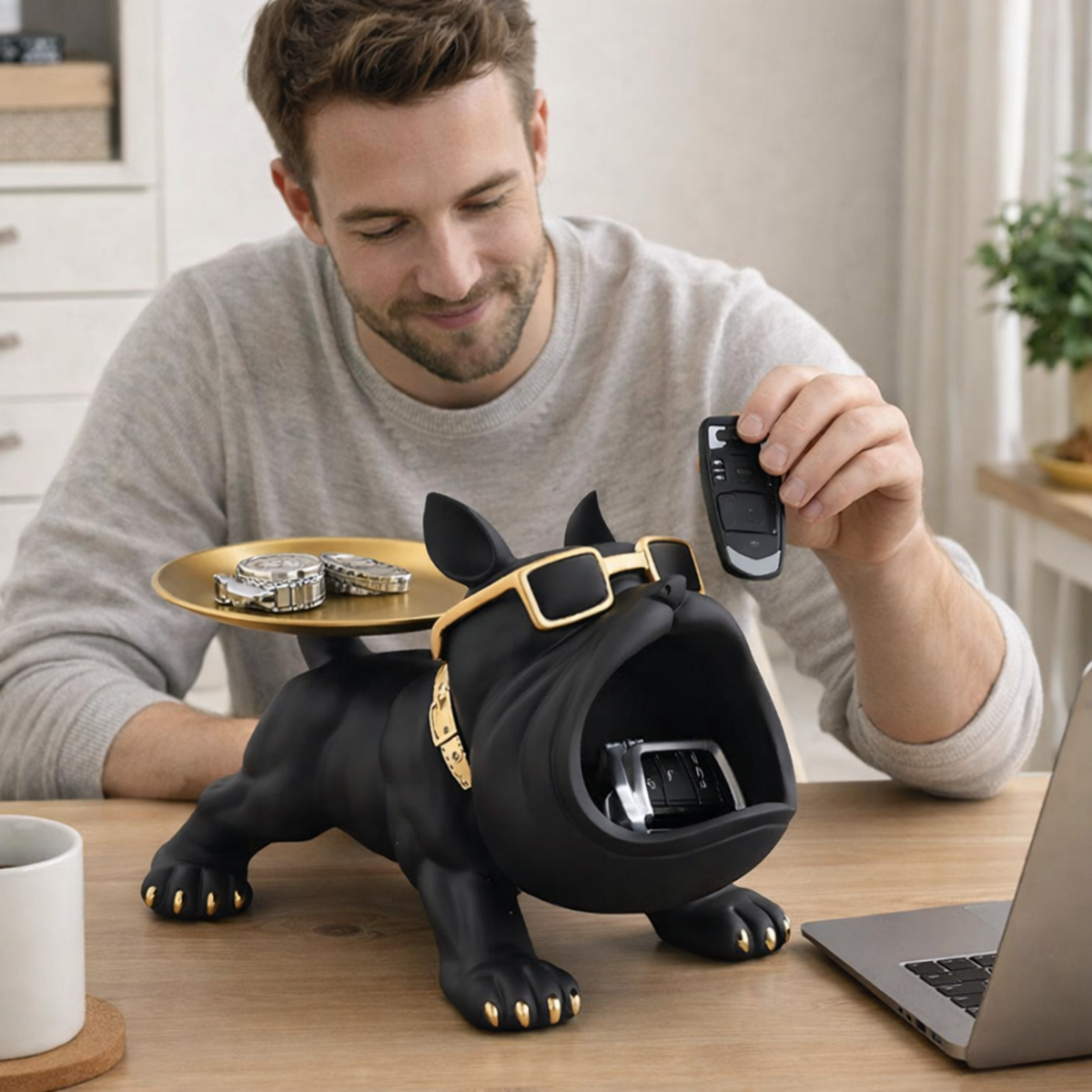 Decorative Bulldog Statue with Storage Space - Resin Organizer for Desk or Living Room, Dog Sculpture Decoration Accessory | Sansoti
