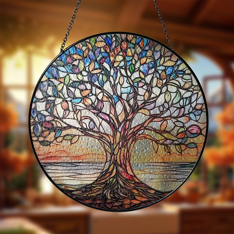 Handgemaakte Glas-in-Lood Levensboom Zonnevanger 15cm – Decoratieve Raamhanger met Symboliek | Sansoti