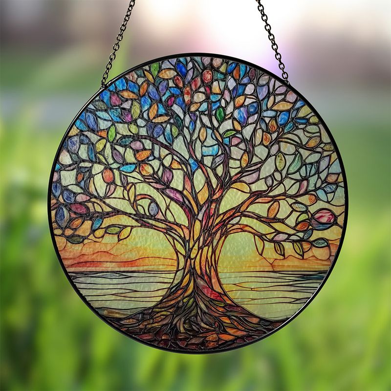 Handgemaakte Glas-in-Lood Levensboom Zonnevanger 15cm – Decoratieve Raamhanger met Symboliek | Sansoti