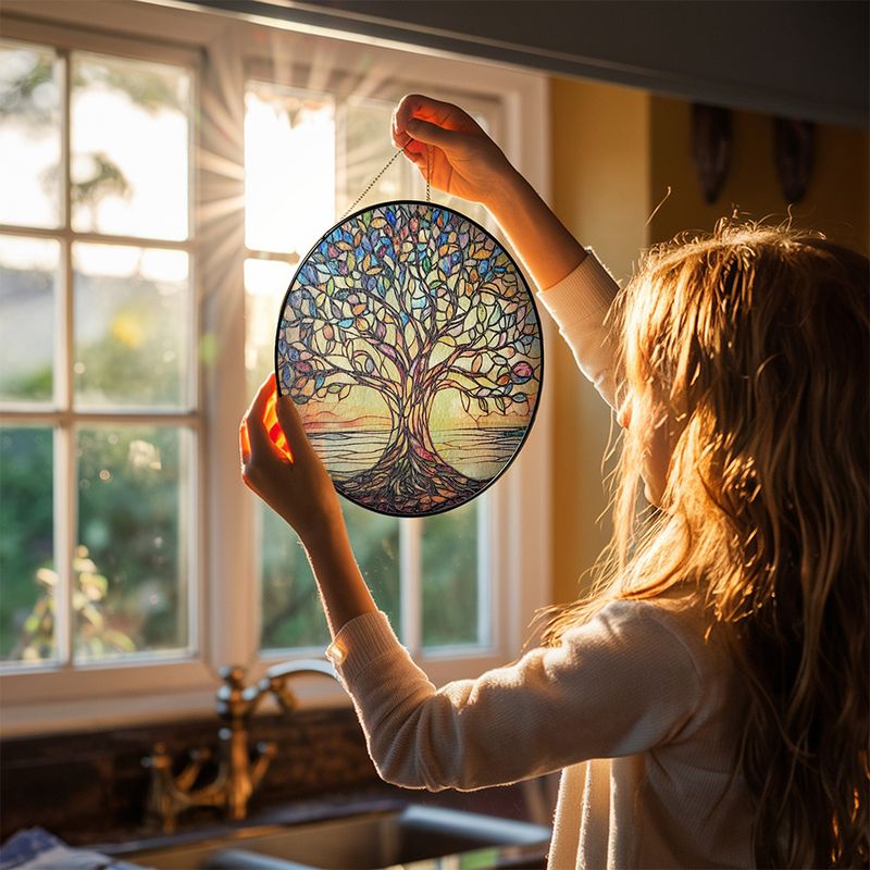 Handgemaakte Glas-in-Lood Levensboom Zonnevanger 15cm – Decoratieve Raamhanger met Symboliek | Sansoti