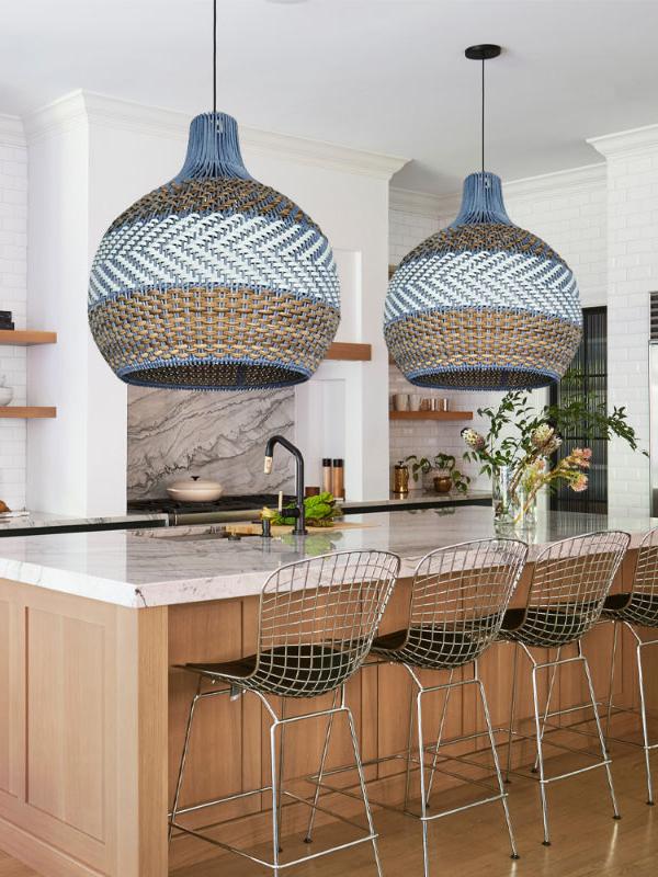 Handgeweven Rotan Hanglamp Blauw Vintage Kap Eetkamer Keuken Woonkamer Scandinavisch Lichtarmatuur | Sansoti