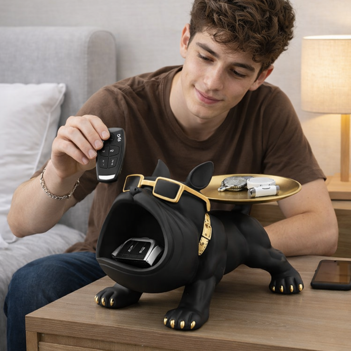 Decorative Bulldog Statue with Storage Space - Resin Organizer for Desk or Living Room, Dog Sculpture Decoration Accessory | Sansoti