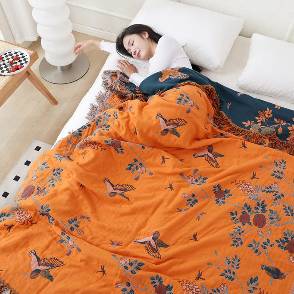 Meerlaagse Gazen Katoenen Plaid met Kwasten en Jacquardpatroon voor Bed en Bank | Sansoti