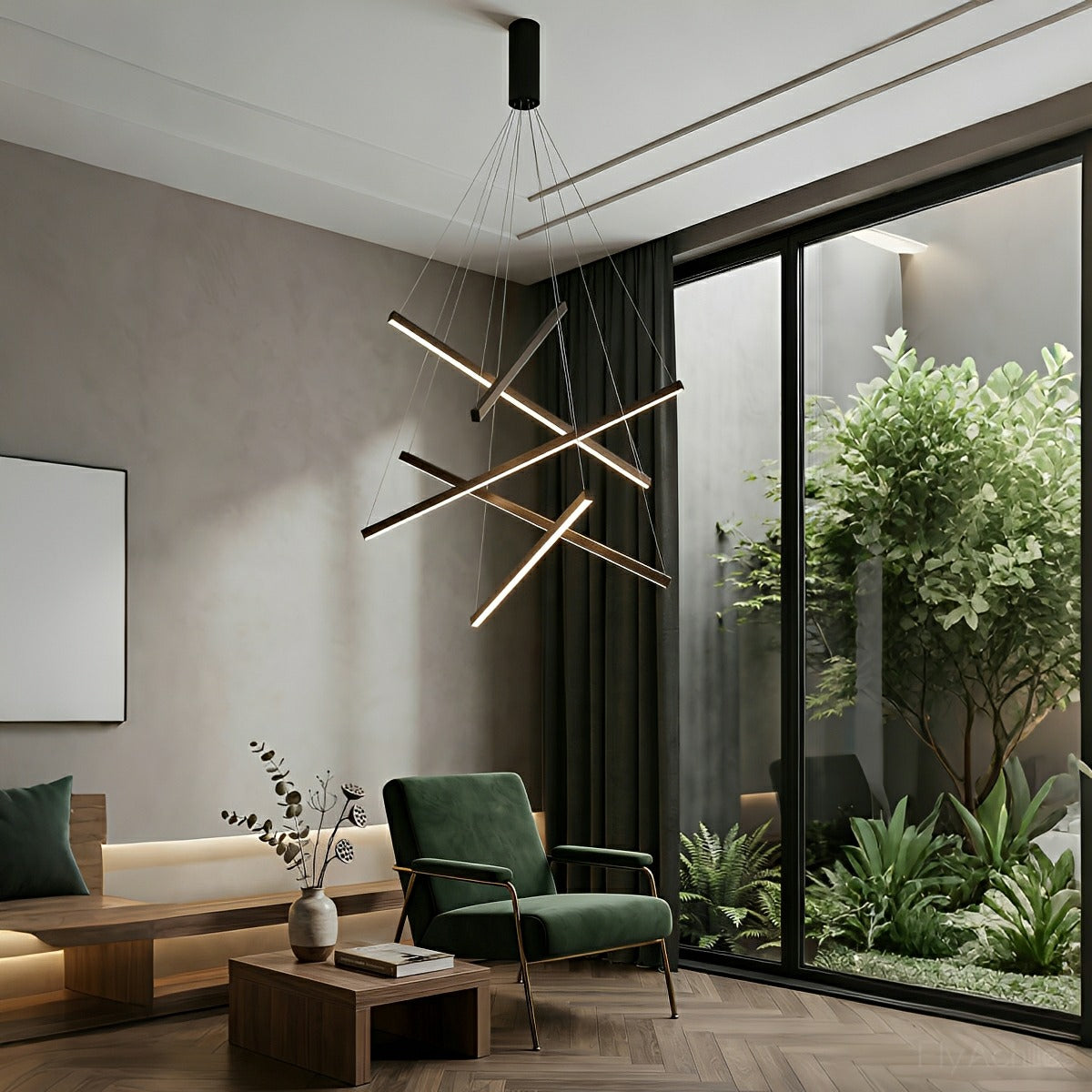 Layered Black LED Pendant Light, Dimmable with Remote Control, Geometric Staircase Design for Living Room | Sansoti