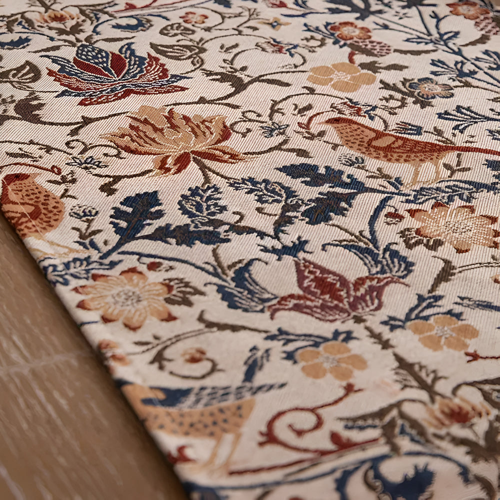 Vintage Jacquard Tafelloper met Vogel & Bloemmotief – Landelijke Elegantie met Kwastjes | Sansoti