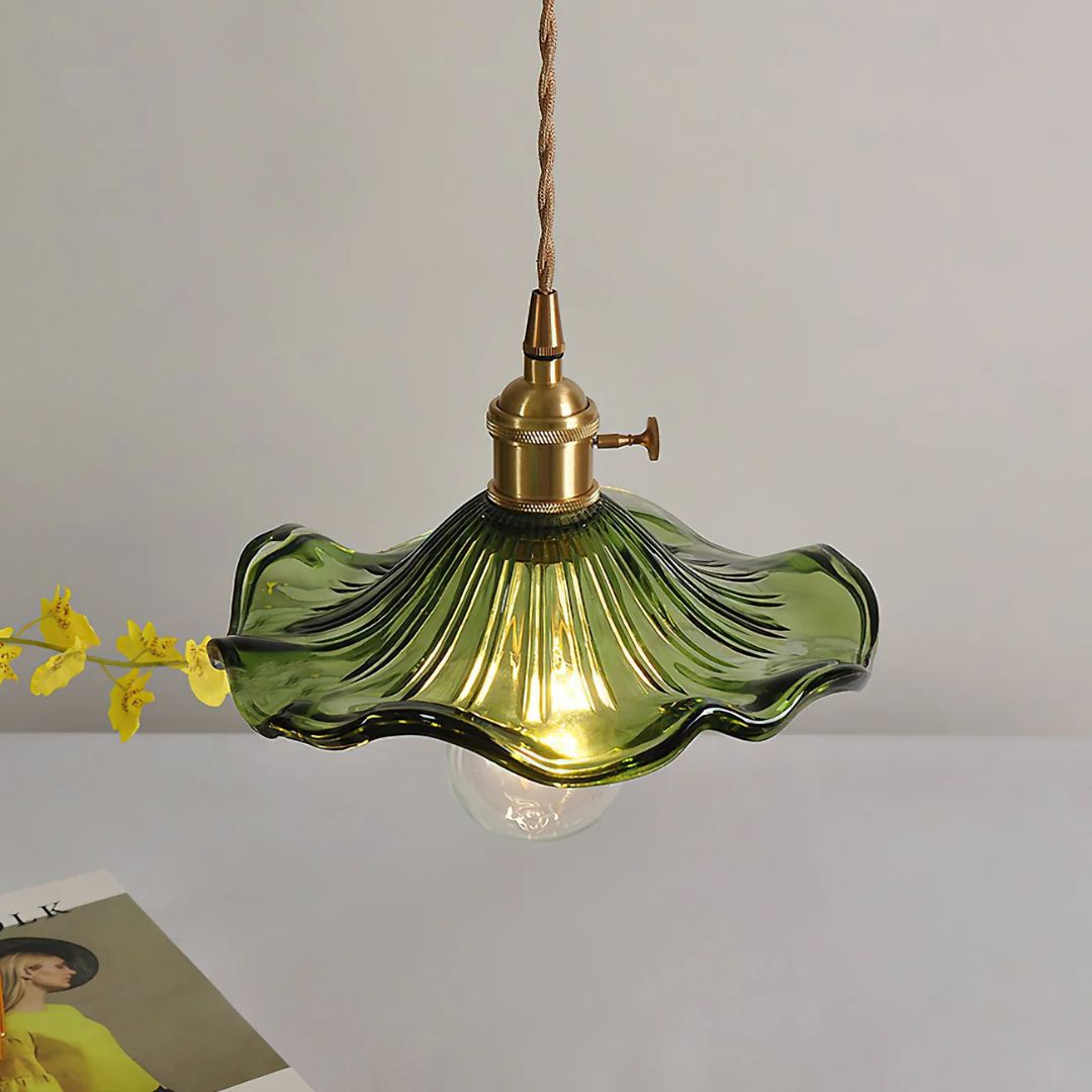 Suspension Verre E27 23cm Vert Laiton Forme fleur Table à manger Chambre Éclairage rétro Vintage | Restfield