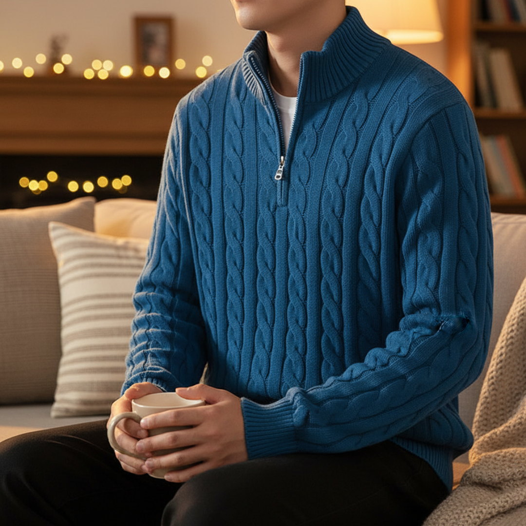 Gestrickter Herrenpullover mit Zopfmuster, Stehkragen und Reißverschluss, Baumwolle, warm, leger, Winter, Marineblau, Grau, Beige | Sansoti