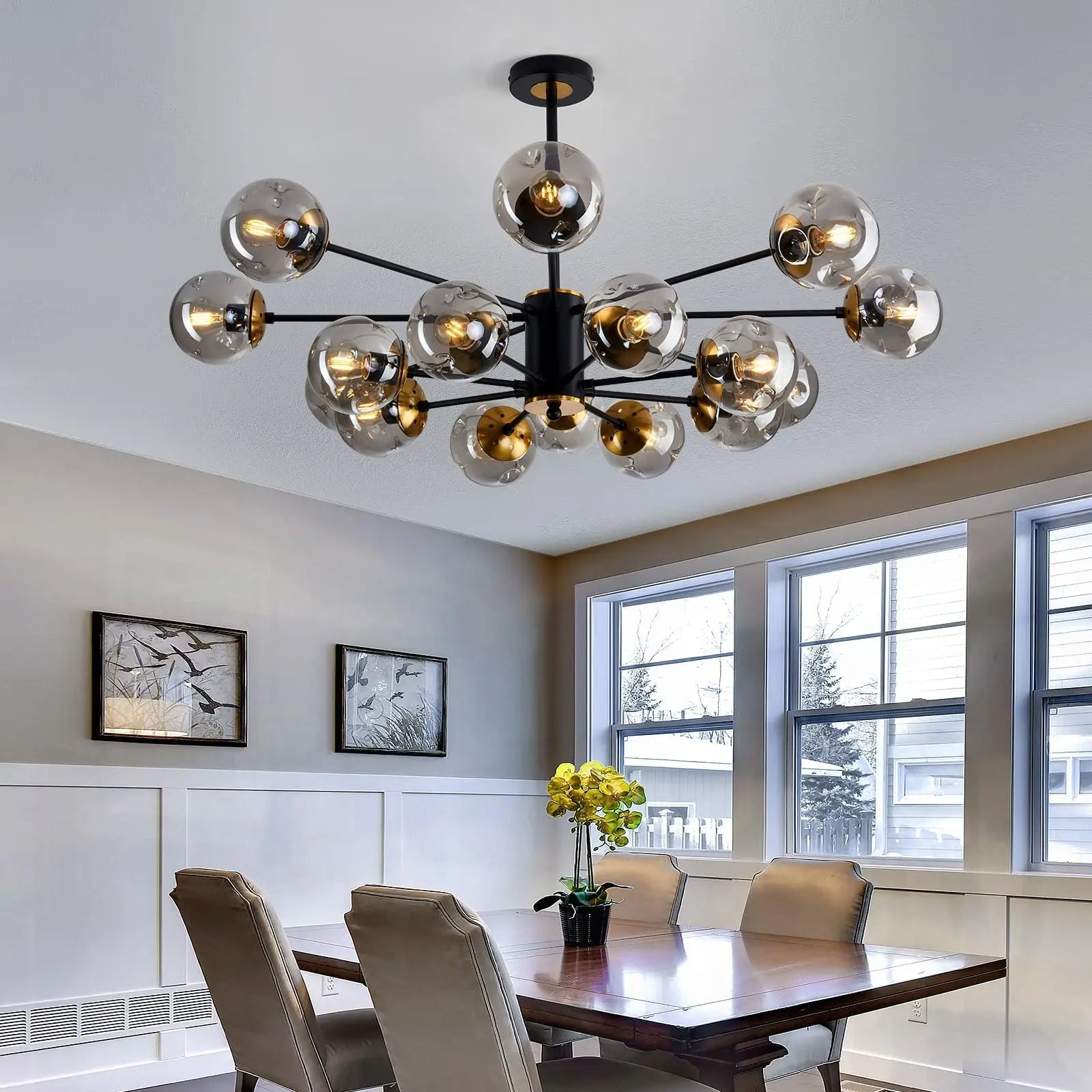 Scandinavische kroonluchter Ida glas ijzer zwart woonkamer eetkamer moderne hanglamp design verlichting bolvormig | Sansoti