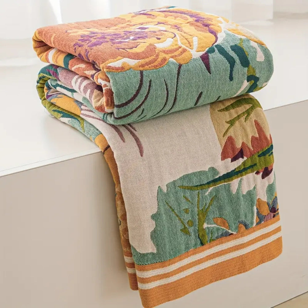 Katoenen Plaid met Jacquard Bloemendessin Steenrood Geweven Dubbelzijdig Kwaliteitsdeken Voor Bank Bed Logeerkamer Stijlvol Zacht Ademend 200x230 cm | Sansoti