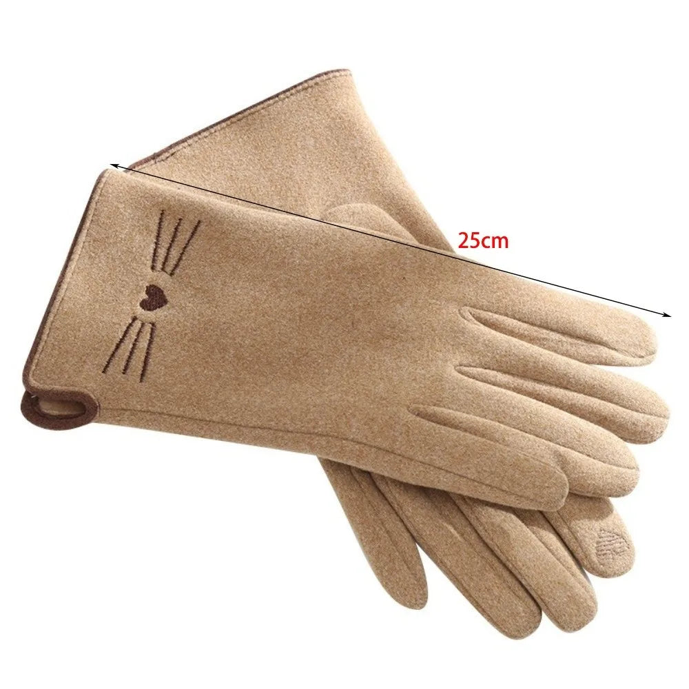 Women's Touchscreen Winter Gloves with Cat Print, Fleece-Lined, Warm Stretch Gloves, Gray Beige | Sansoti