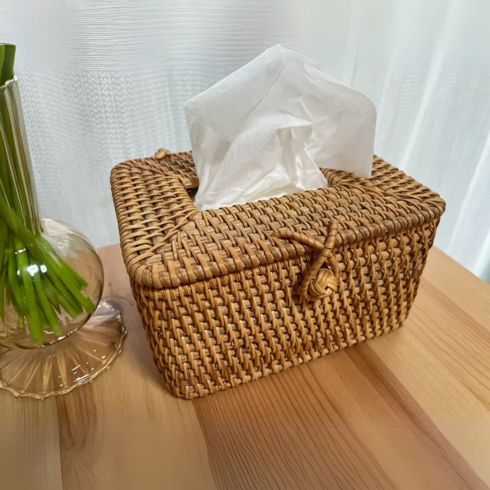 Handgevlochten Rattan Tissuebox met Deksel – Natuurlijke Opbergbox voor Tissues Woonkamer Slaapkamer Kantoor | Sansoti