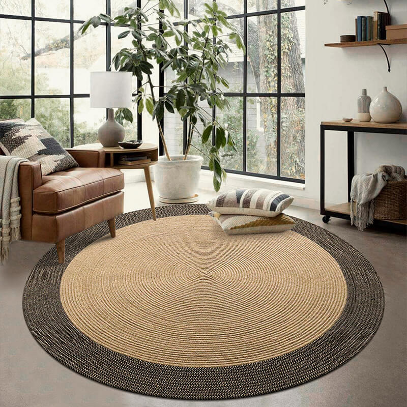 Braided Round Jute Rug Natural Fiber Reversible Beige Black 45-120cm Handmade Bohemian Style | Sansoti