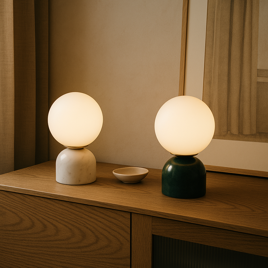 Hindsa Tischlampe Marmor Glas Ø15xH9 warmes Licht 3000K Tischlampe Nachttisch Wohnzimmer Design Beleuchtung minimalistisch skandinavisch | Restfield