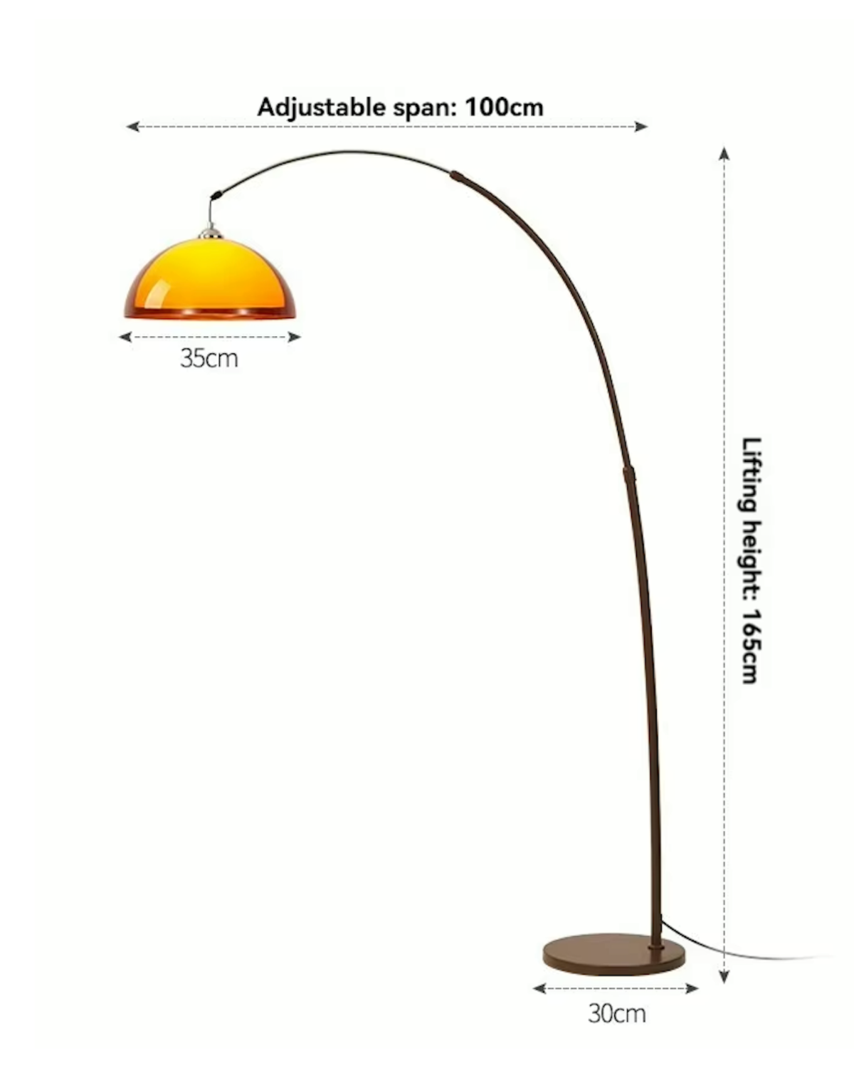 Bogen-Stehlampe aus Metall mit verstellbarem Arm, bernsteinfarbenem Kuppelschirm, Leselampe, Wohnzimmer, Walnuss, Mid-Century Modern | Sansoti