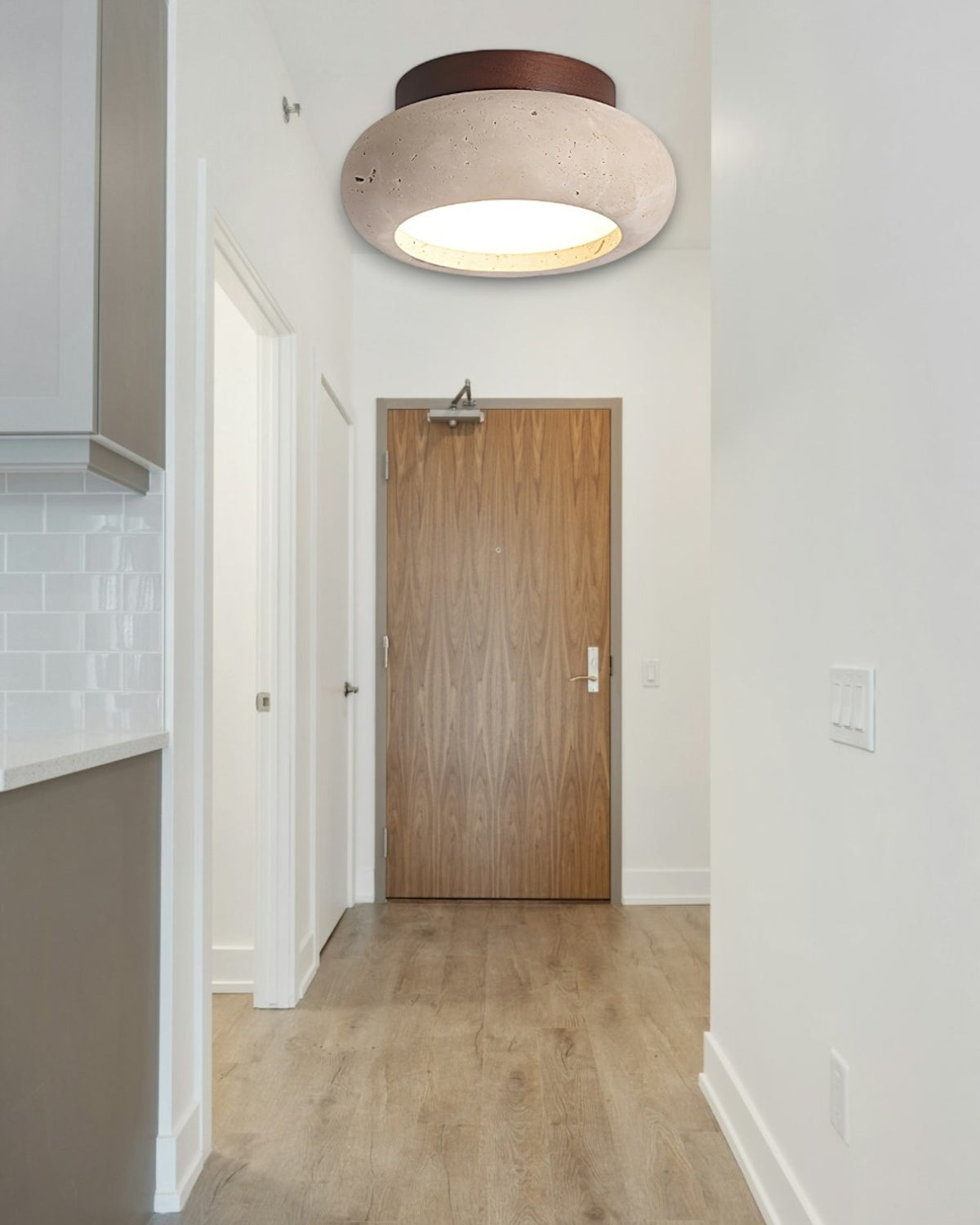 Plafondlamp acryl natuurtinten walnoot beige woonkamer slaapkamer gang warm licht diffuus elegant Scandinavisch design modern minimalisme interieur verlichting | Sansoti