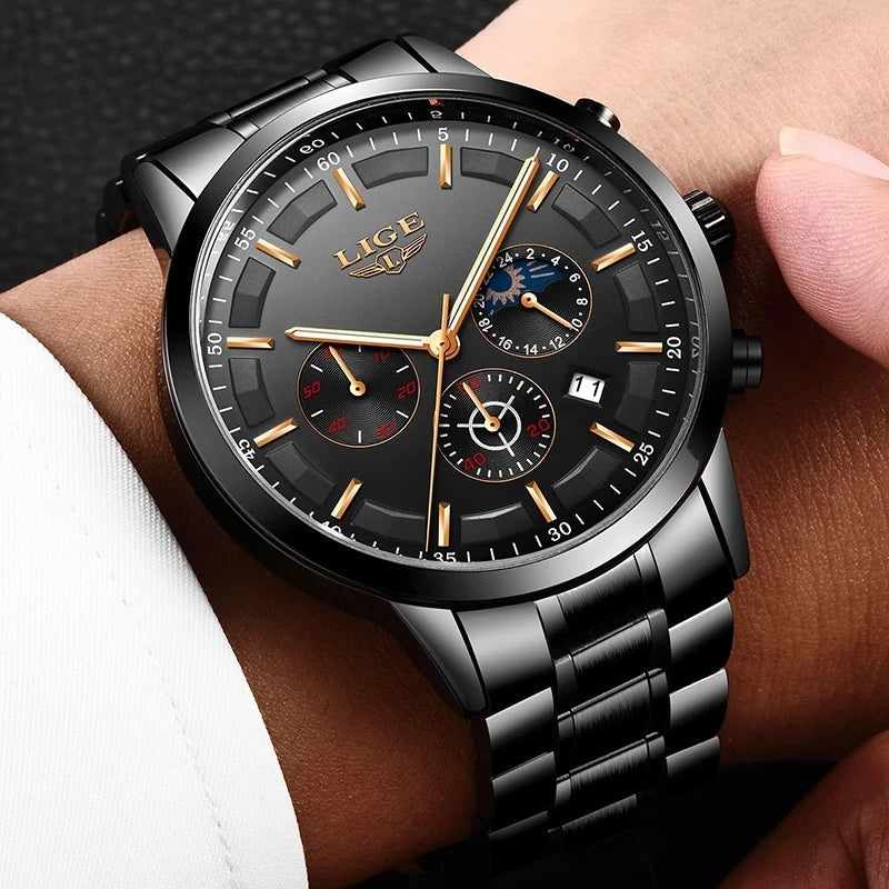 Stalen Herenhorloge Zwart – Elegant Design met Datum & Dag/Nacht – Waterdicht 30M | Sansoti