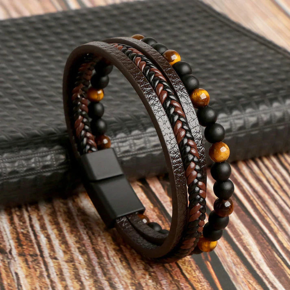 Gelaagde Leren Armband Heren Magnetische Sluiting Zinklegering Steendetails Polsband Moderne Accessoire | Sansoti