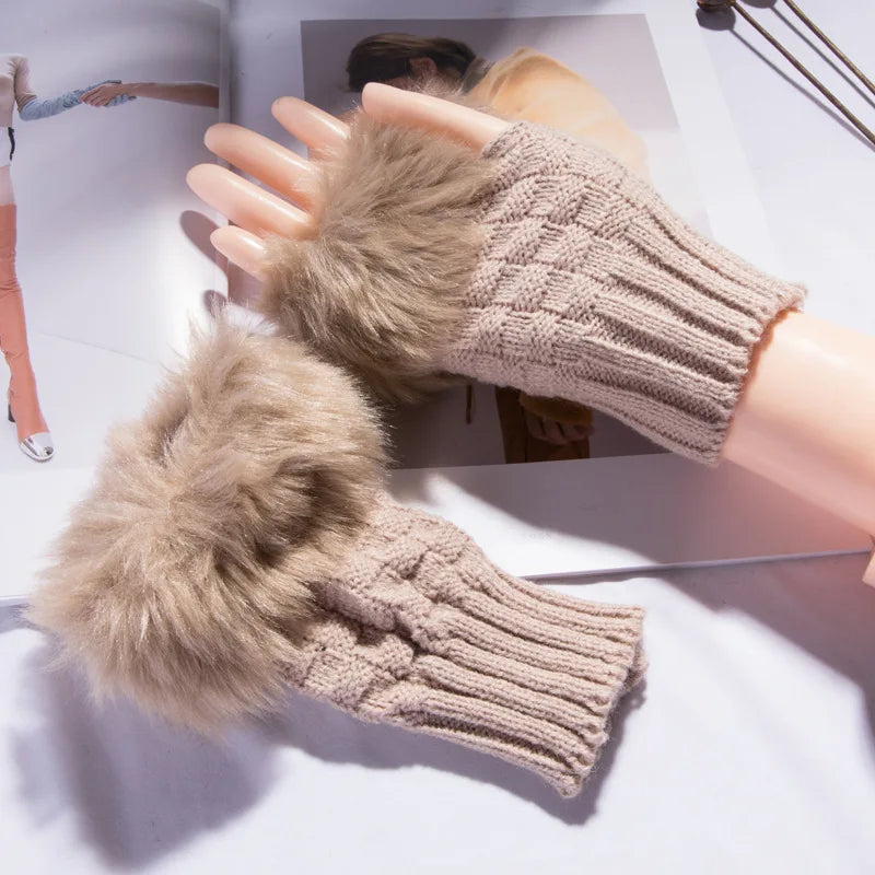 Fingerless Gloves with Faux Fur Wrist Warmer, Wool Hand Warmer, Stretchy, for Colder Days, Winter Comfort | Sansoti