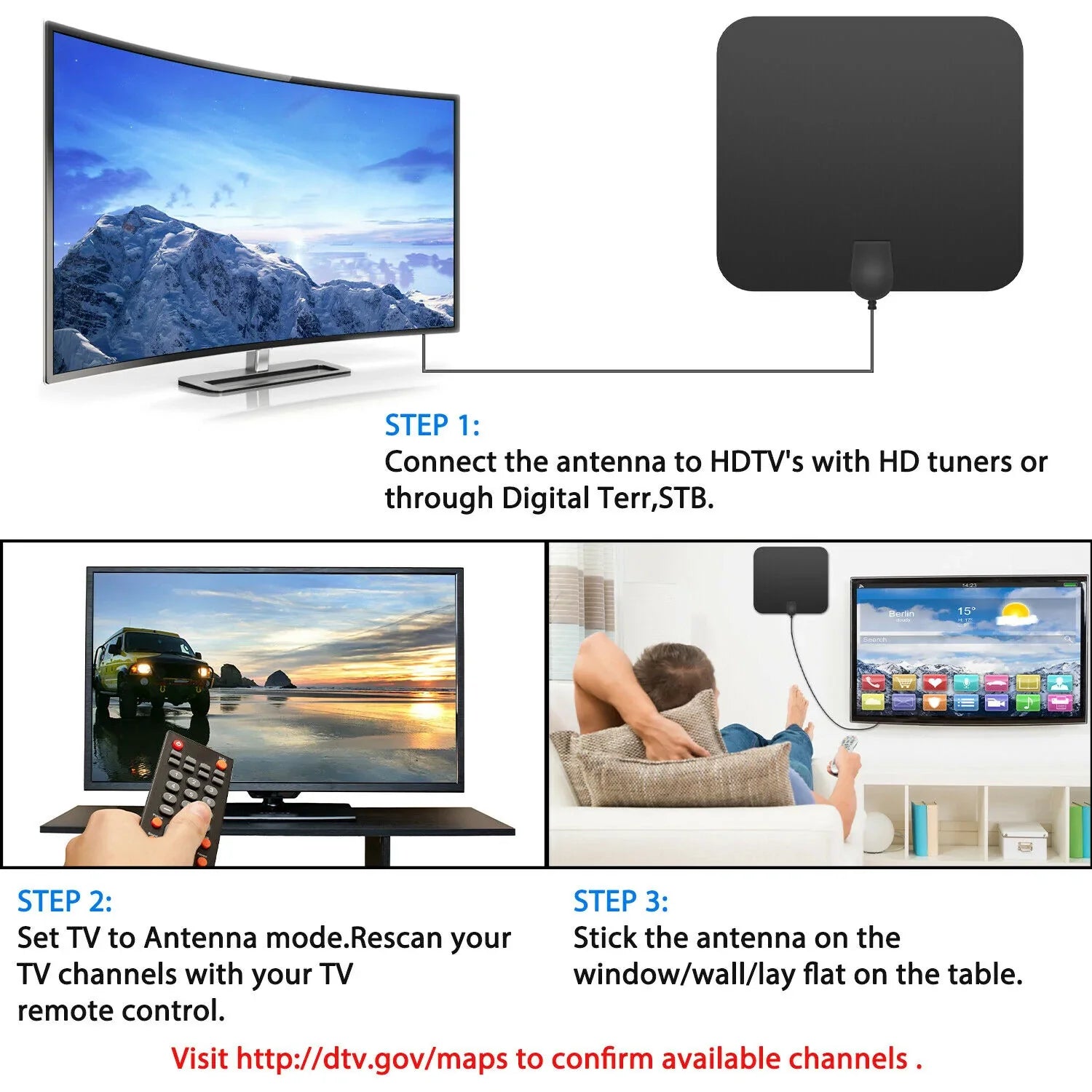 Antenne TV numérique intérieure avec portée de 480km et amplificateur de signal, récepteur HDTV, design ultrafin, qualité 4K HD | Sansoti