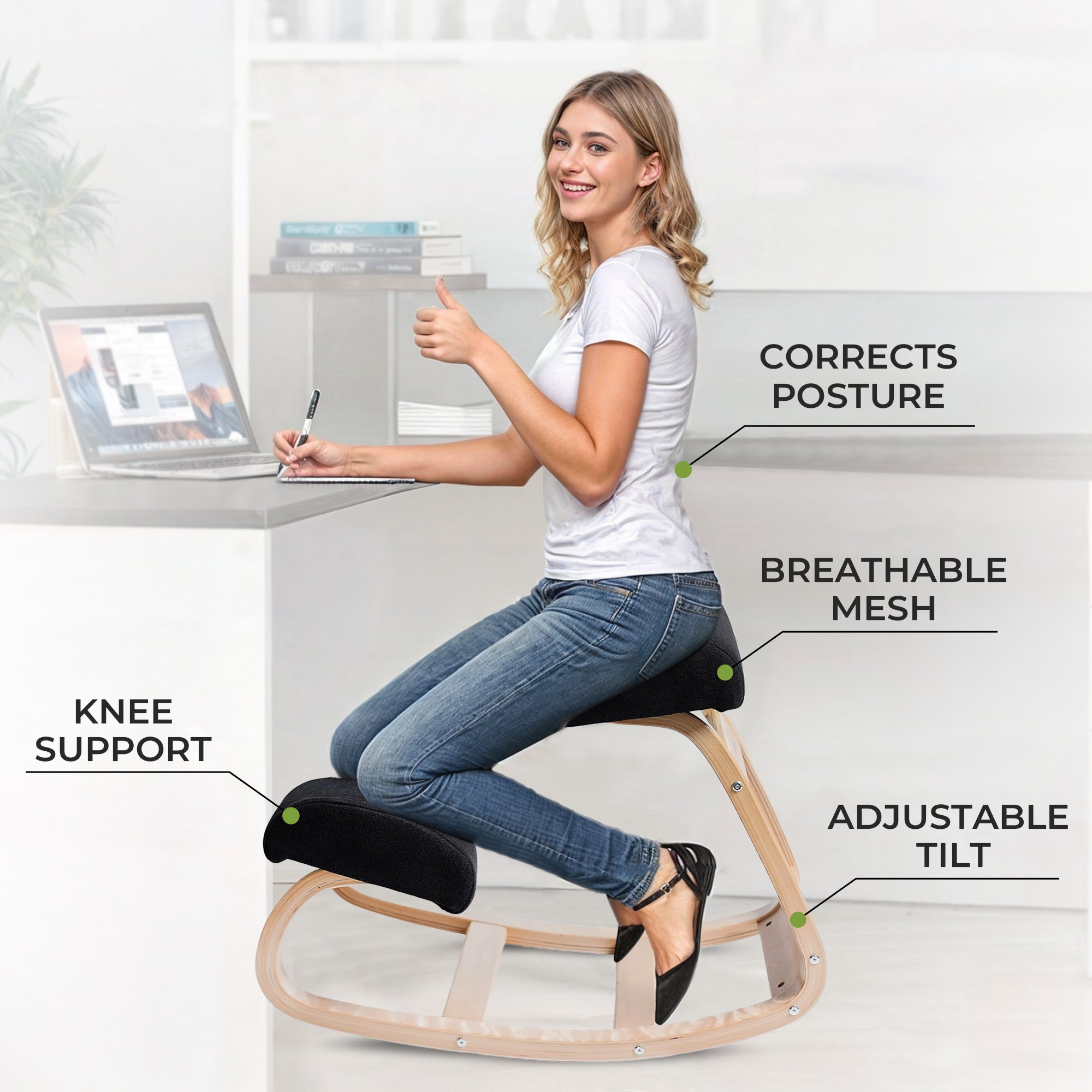 Chaise à Genoux Ergonomique en Bois avec Base Oscillante et Coussin en Mousse à Mémoire – Design Noir | Restfield