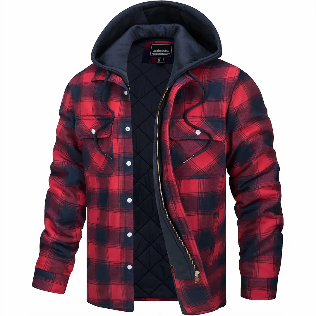Kariertes Herren-Overshirt mit abnehmbarer Kapuze Gefütterte Outdoorjacke Warme Winterjacke Freizeit Bequem | Sansoti