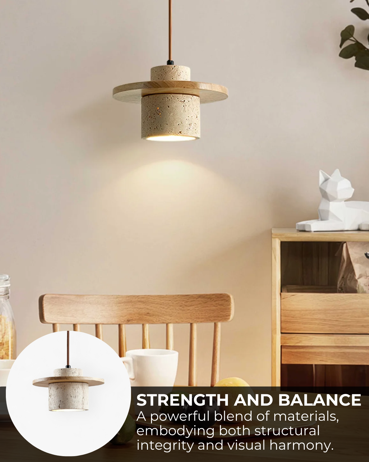 Hanglamp natuursteen travertijn met walnoot accent modern design | Sansoti