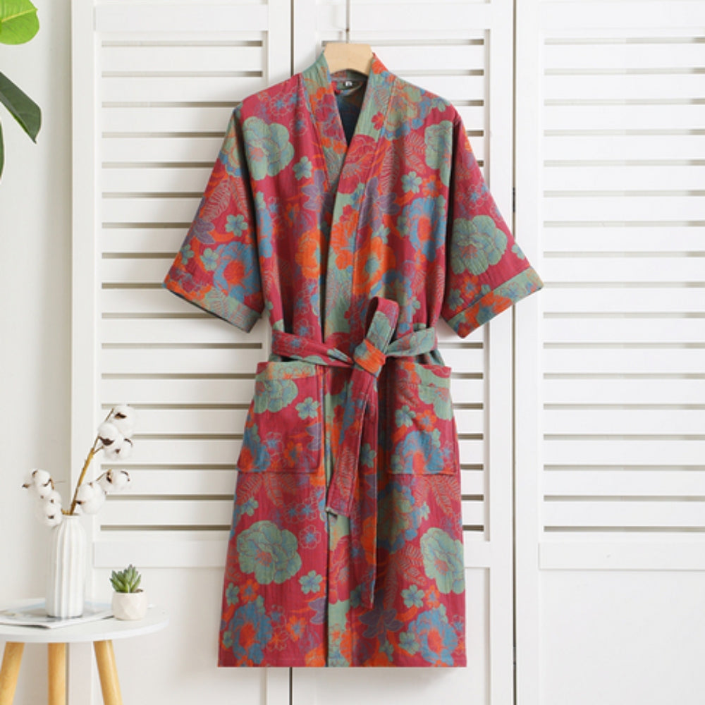 Cotton Robe, Double Gauze, Vintage Print, Loungewear, Terry Cloth Kimono, Spa, Home Comfort, Relaxation, Wellness | Sansoti