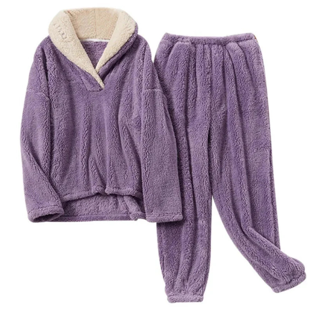 Dames Fleece Pyjama Set Tweedelig Langarm met Broek Koraalvlies Winternachten Warm Huispak Loungewear | Sansoti