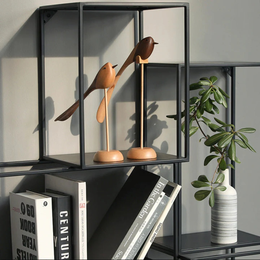 Holz-Vogelskulpturen, 2er-Set, skandinavisches Design, dekoratives Rot-Holz-Interieur-Objekt für das Wohnzimmer | Sansoti