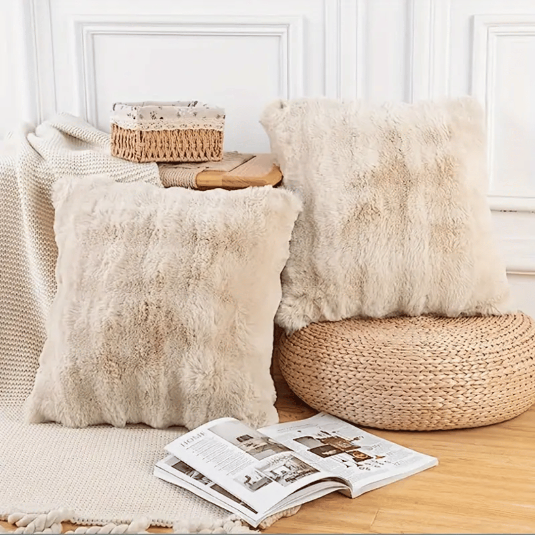 Kussenhoezen Nepbont Zacht Luxe 43x43cm Khaki Grijs Groen Wit Rits Decoratief voor Woonkamer Bank Interieur | Sansoti