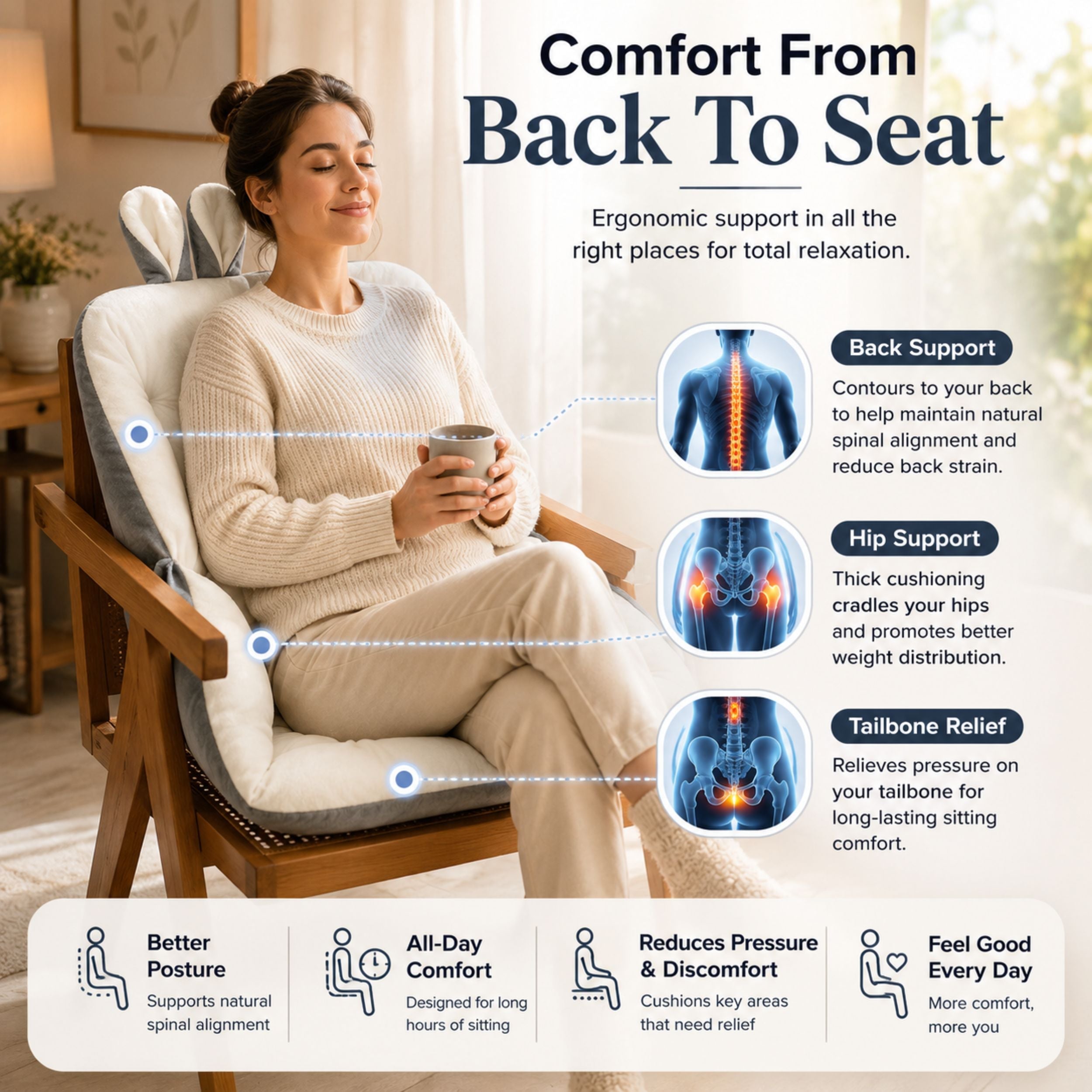 Ergonomisch Stuitkussen voor Pijnvrij Zitten – Memory Foam Zitondersteuning met Coccyx Relief | Sansoti