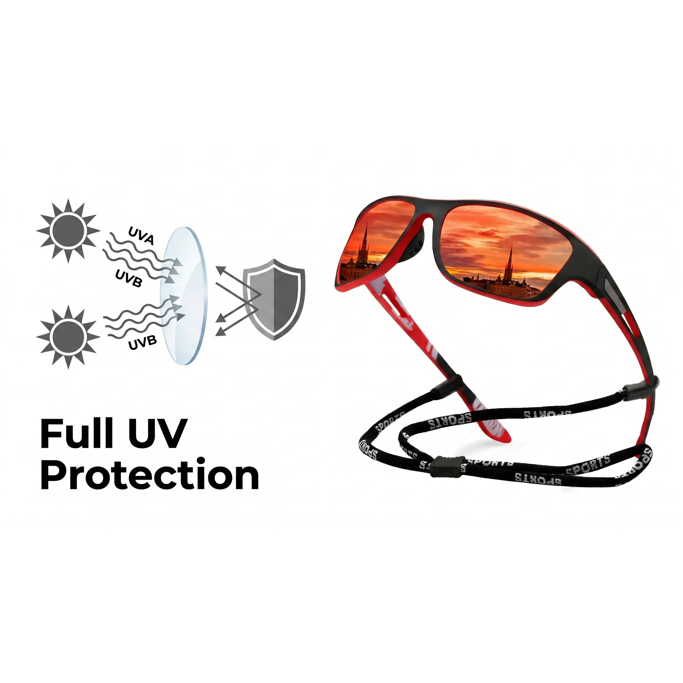 Sportzonnebril gepolariseerd UV-bescherming krasbestendig wrap-around ontwerp nekkoord unisex actief outdoorgebruik | Sansoti