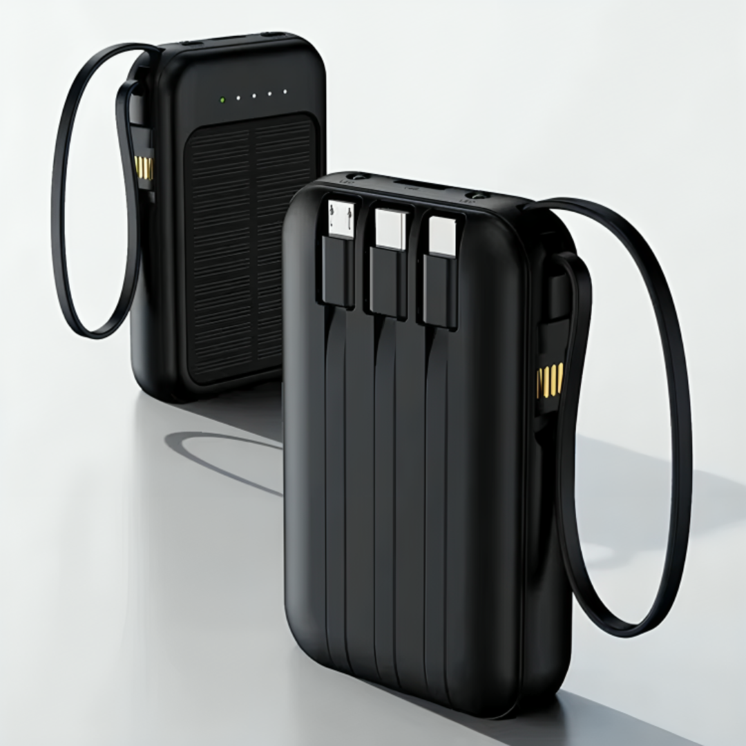 Oplaadbare Powerbank 20000mAh met Zonnepaneel, LED-Zaklamp en Ingebouwde Kabels – Draagbare Noodaccu met Dubbele USB- en Type-C-Aansluiting voor Smartphone en Tablet | Sansoti