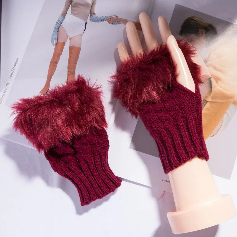 Fingerless Gloves with Faux Fur Wrist Warmer, Wool Hand Warmer, Stretchy, for Colder Days, Winter Comfort | Sansoti