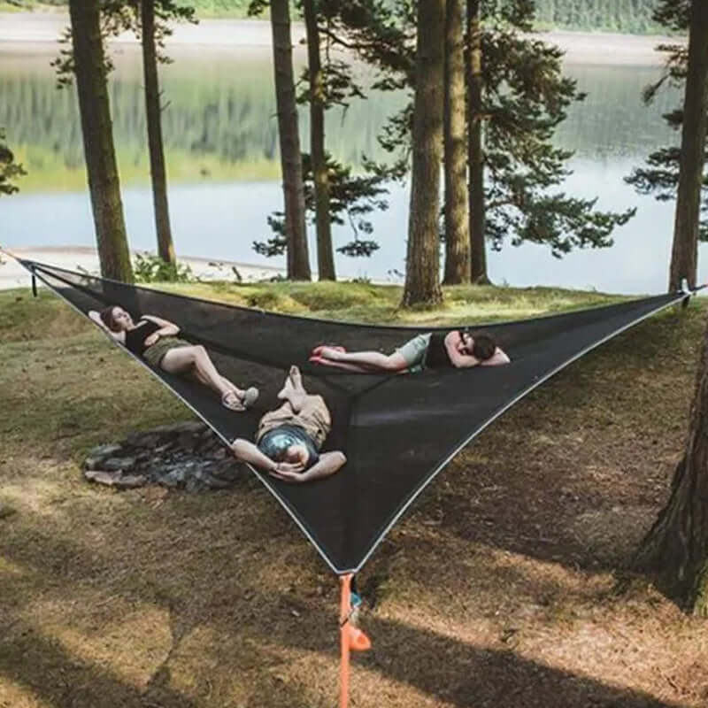 Driehoekige Hangende Camping Relaxmat voor Meerdere Personen – Luchtbed voor 3 Punten met Bevestigingsset 280x280 of 400x400 cm Groen Zwart | Sansoti
