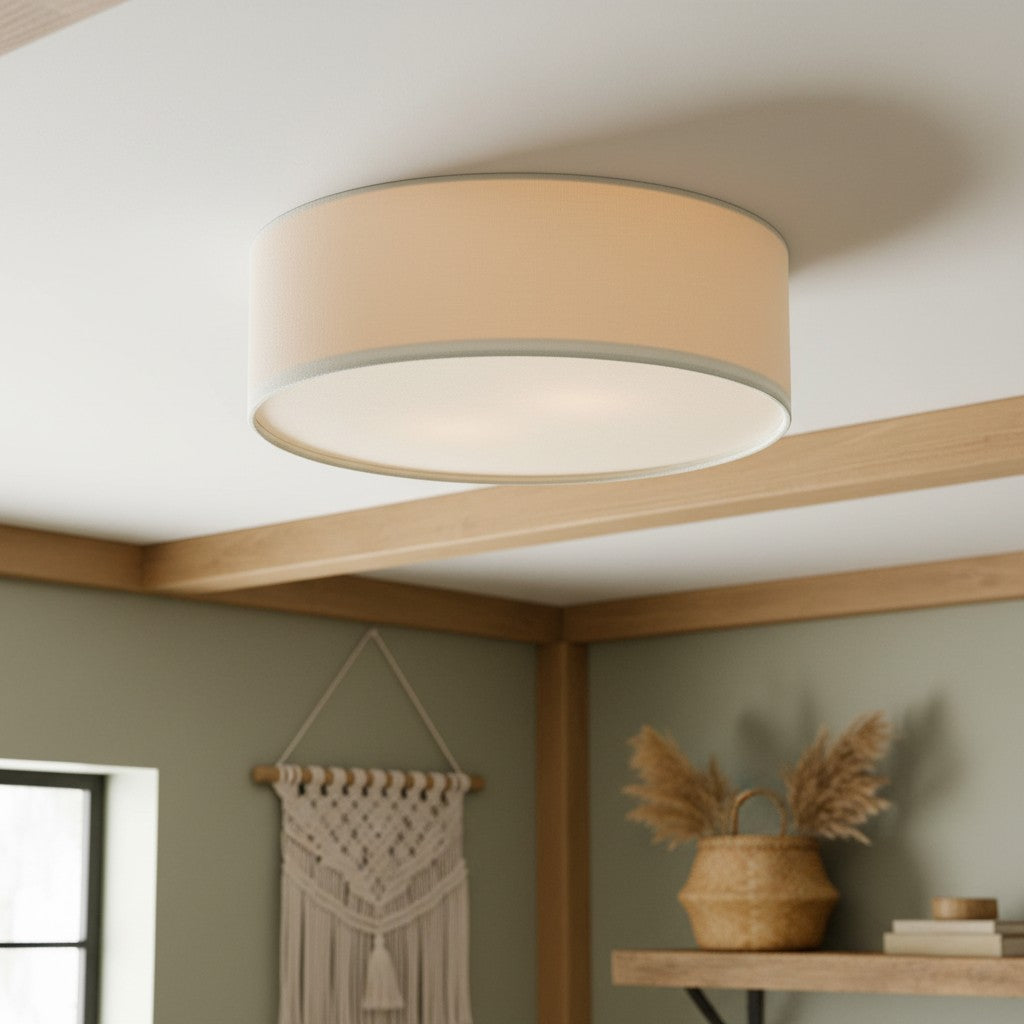 Linen ceiling lamp with drum shade, modern design, E27 socket, Scandinavian style, bedroom, living room | Sansoti