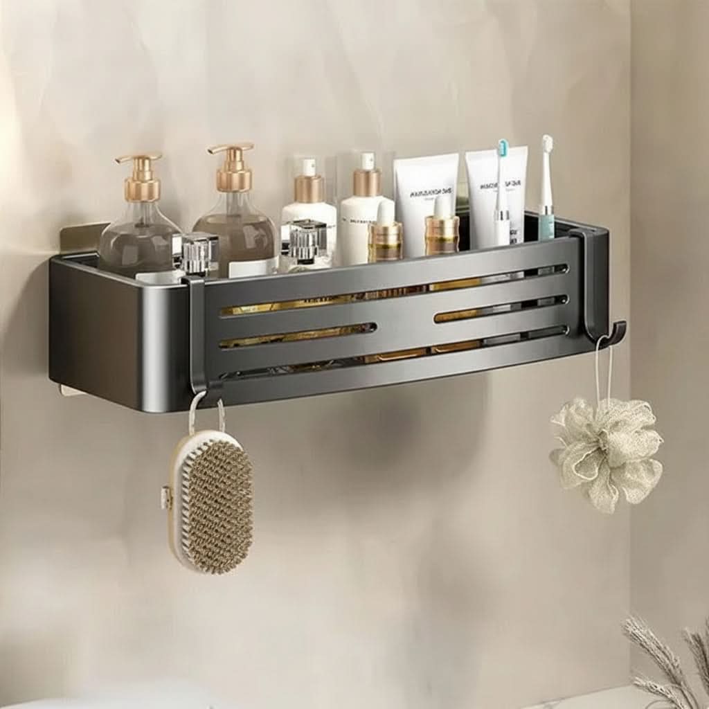 Zelfklevend Aluminium Wandrek Badkamer Organizer Zonder Boren Roestvrij Opbergplank Douche Handdoekhouder | Sansoti