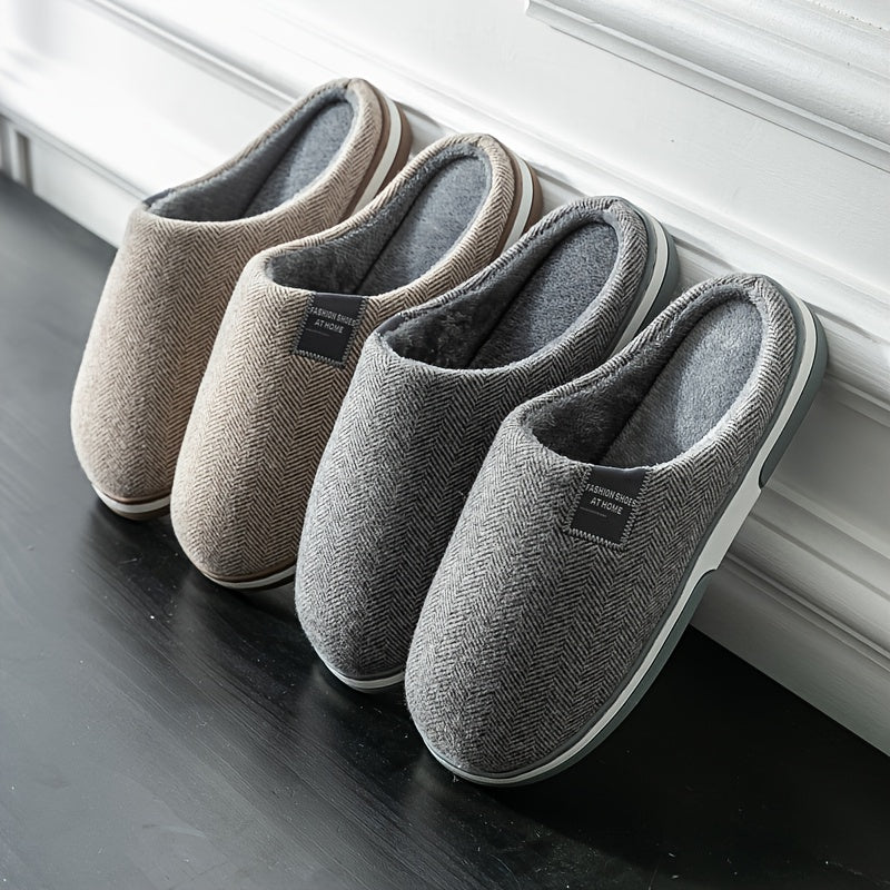 Men's Slippers with Herringbone Pattern, Warm Plush Lining, Non-Slip Sole, Comfortable House Footwear for Winter | Sansoti