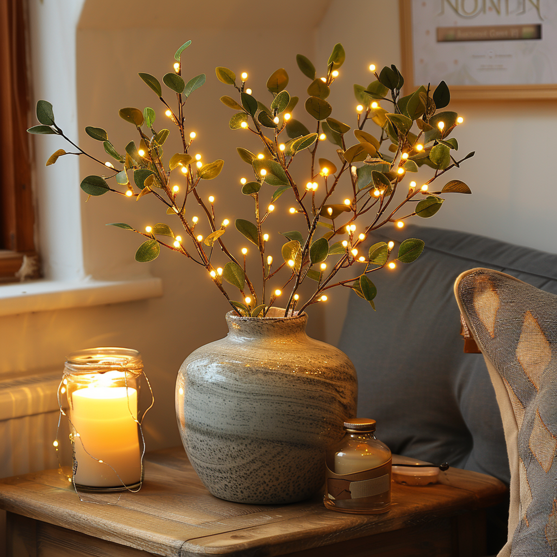 Branche Lumineuse Branche d'Olivier LED Blanc Chaud 70cm 120 Lumières Éclairage d'Ambiance Branche Décorative Guirlandes Lumineuses Salon Chambre Piles Noël Nature