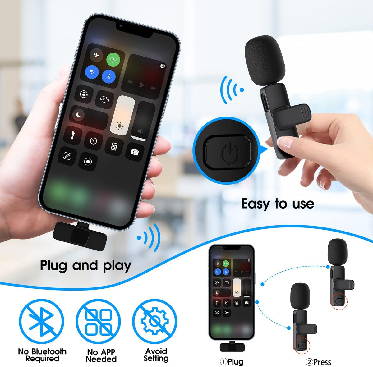 Draadloze Microfoonset voor Smartphone 2 Stuks Lightning 2.4GHz Lavalier Clip 65ft Bereik Vlogging Opname | Sansoti