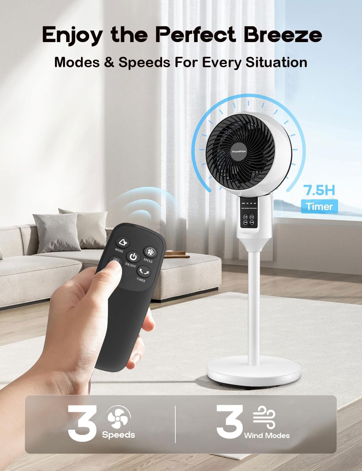 Staande Ventilator met 3D Oscillatie Afstandsbediening Stil Verstelbaar 3 Standen Timer Koeling Luchtcirculatie | Sansoti