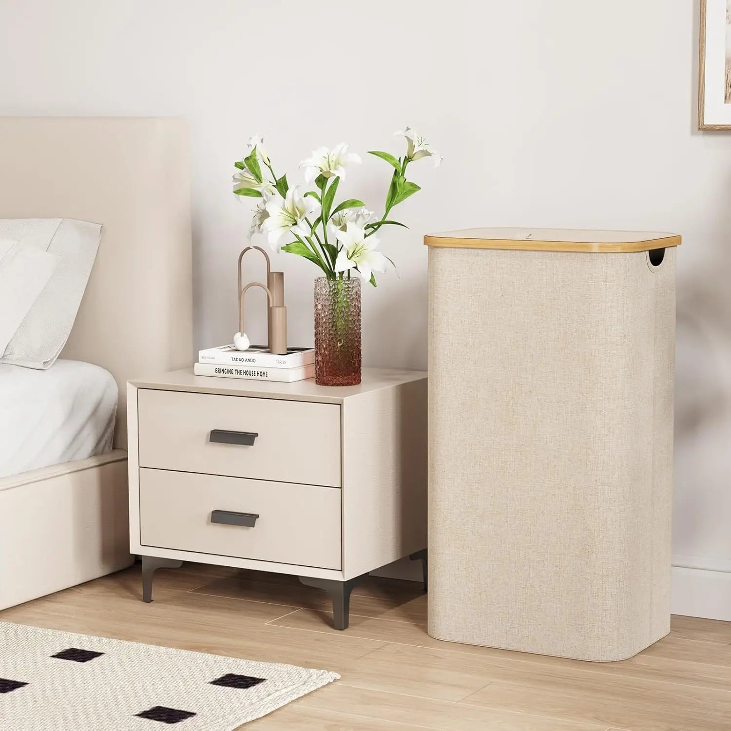 Foldable Laundry Basket with Lid 100L Bamboo Handles Beige Gray Black Polyester Large Capacity Laundry Box | Sansoti