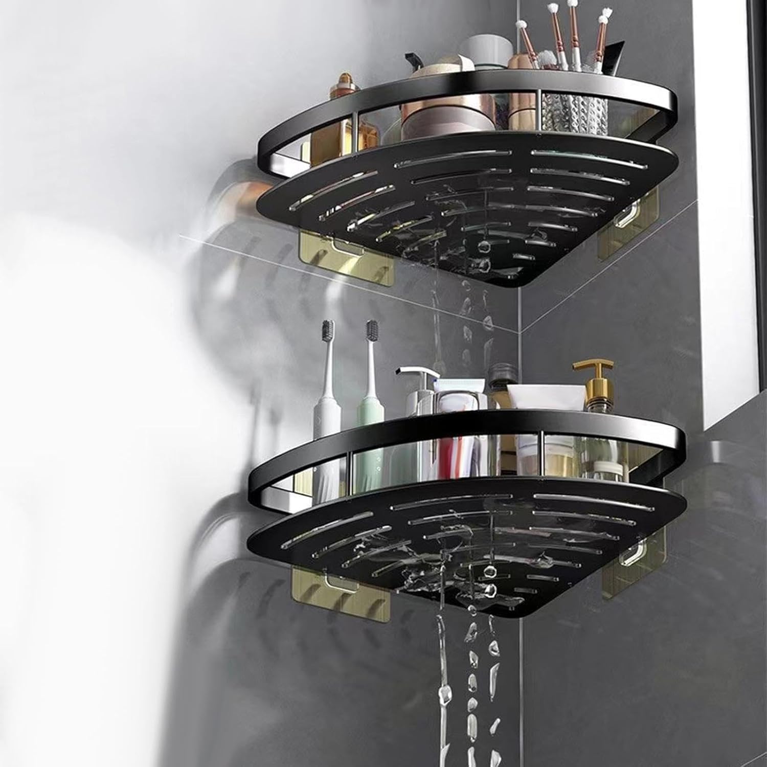 Aluminium Hoekplank voor Douche en Badkamer zonder Boren met Sterke Kleefpad Zwart Zilver | Sansoti