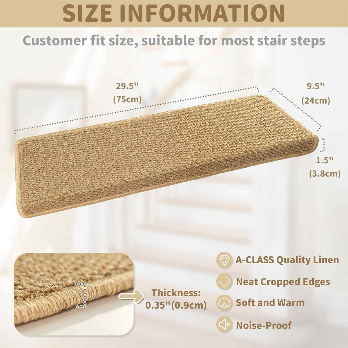 14 tapis d’escalier avec nez antidérapant, beige, 75x24cm, protection et revêtement pour marches d’escalier | Sansoti